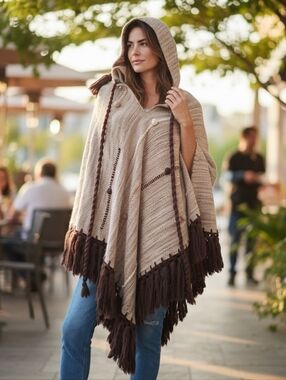 Boho Knit Hooded Poncho with Fringe Beige Brown Cozy Festival Sweater